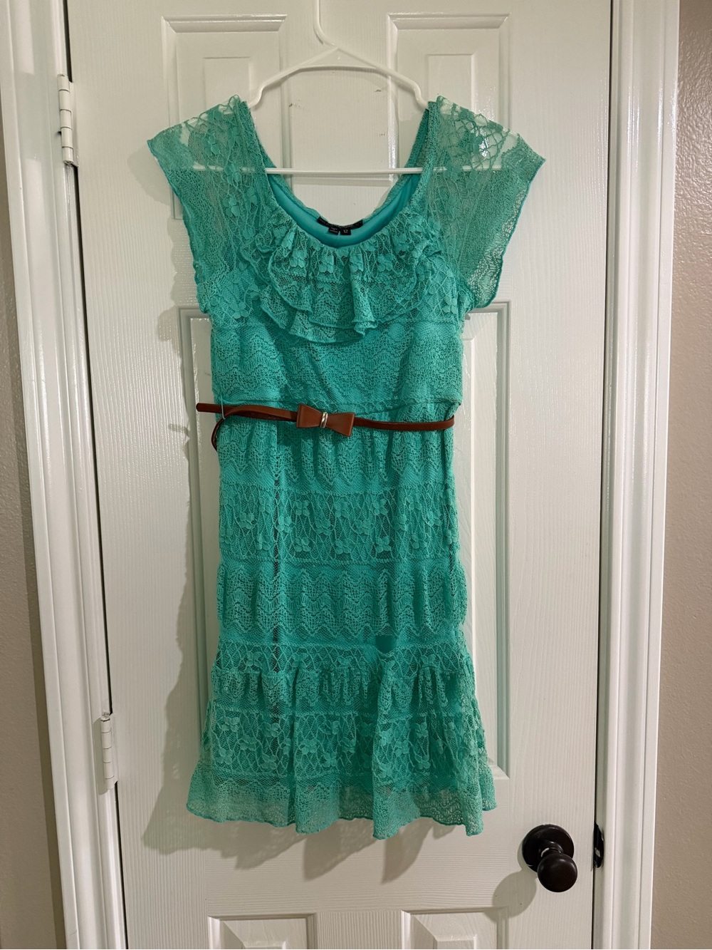 My Michelle Mint Lace Ruffle Dress with Brown Belt
